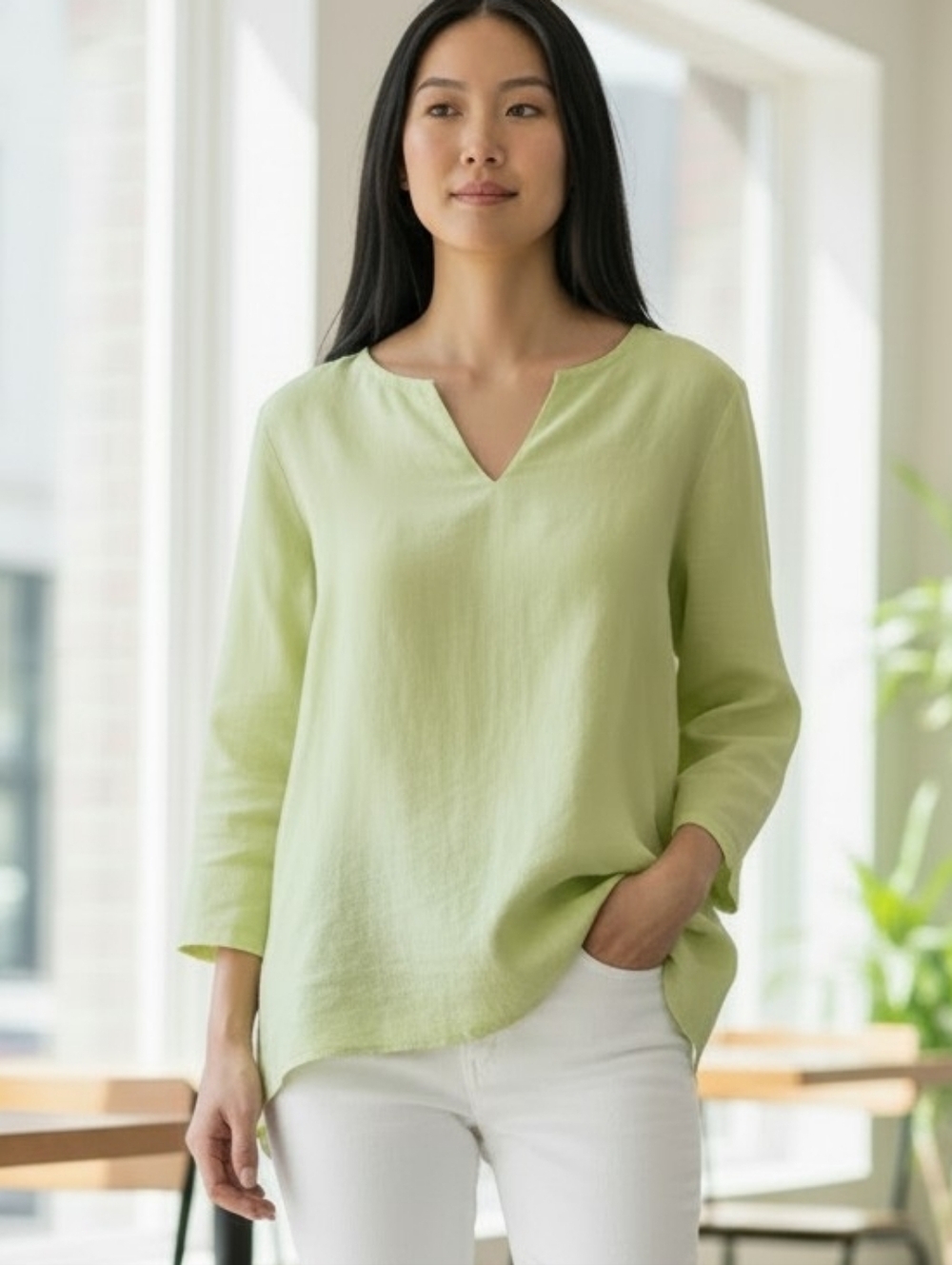 Vintage Carlie’s Court 100% Linen Top Charteuse Lightweight Blouse Womens 1X